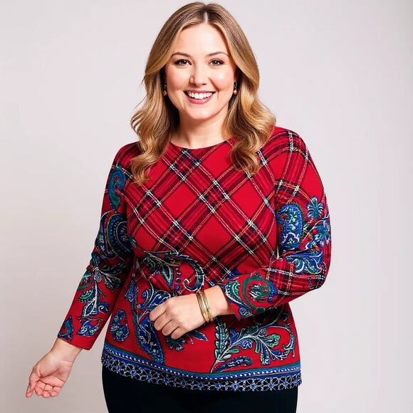 Talbots 3X Merino Wool Sweater Red Plaid Paisley Crewneck Long Sleeve Holiday - Picture 1 of 9